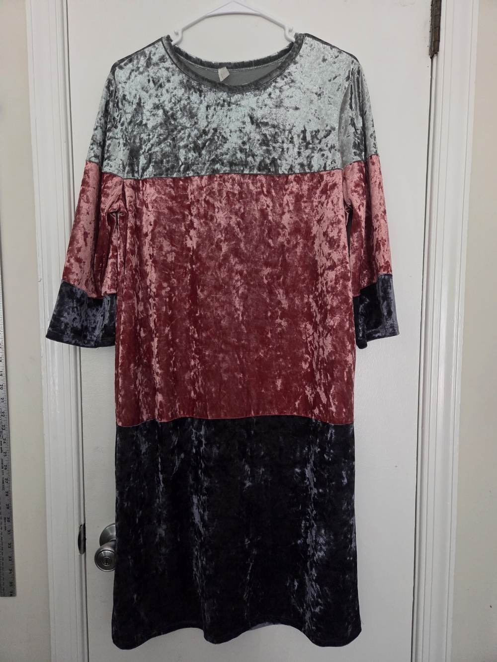 Lake Flower Crushed Velvet Color Block Midi Dress Large Silver Berry Black Boho